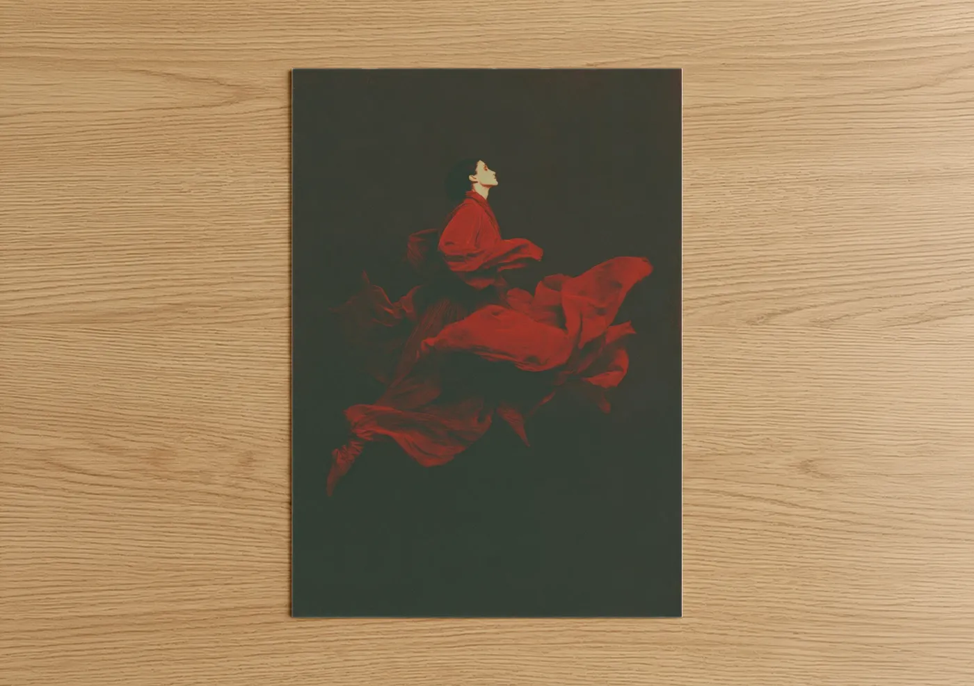Modern dance art print on warm oak wood — red and gray palette — Crimson Leap poster