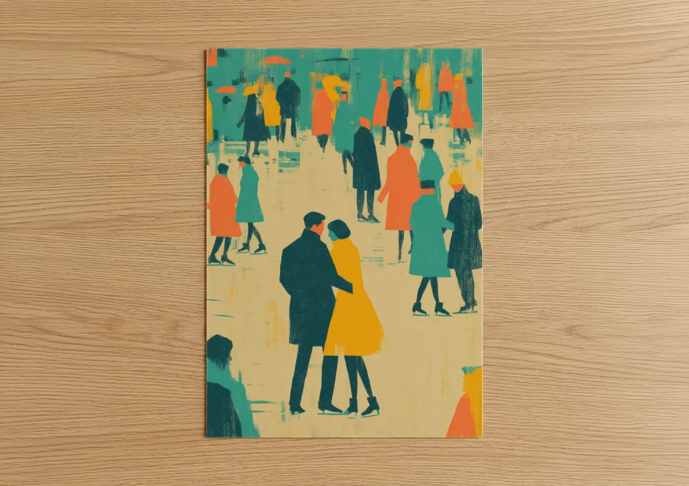 Urban Ice Skating Couple Retro Illustration Wall Art