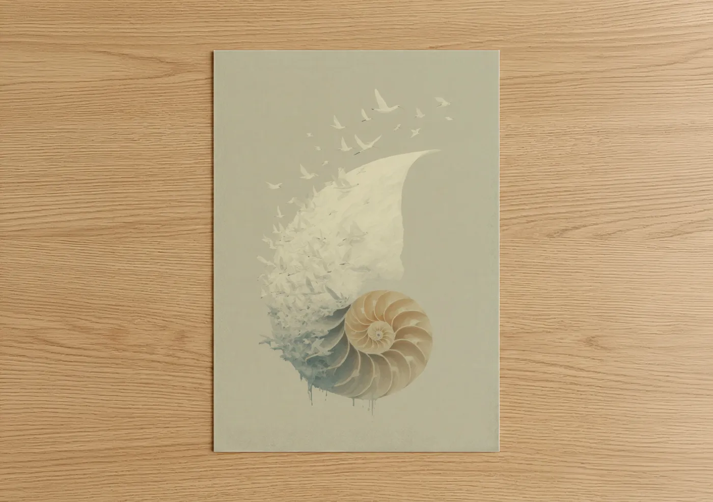 Art print on warm oak wood — beige and dove gray palette — Nautilus Ascent poster