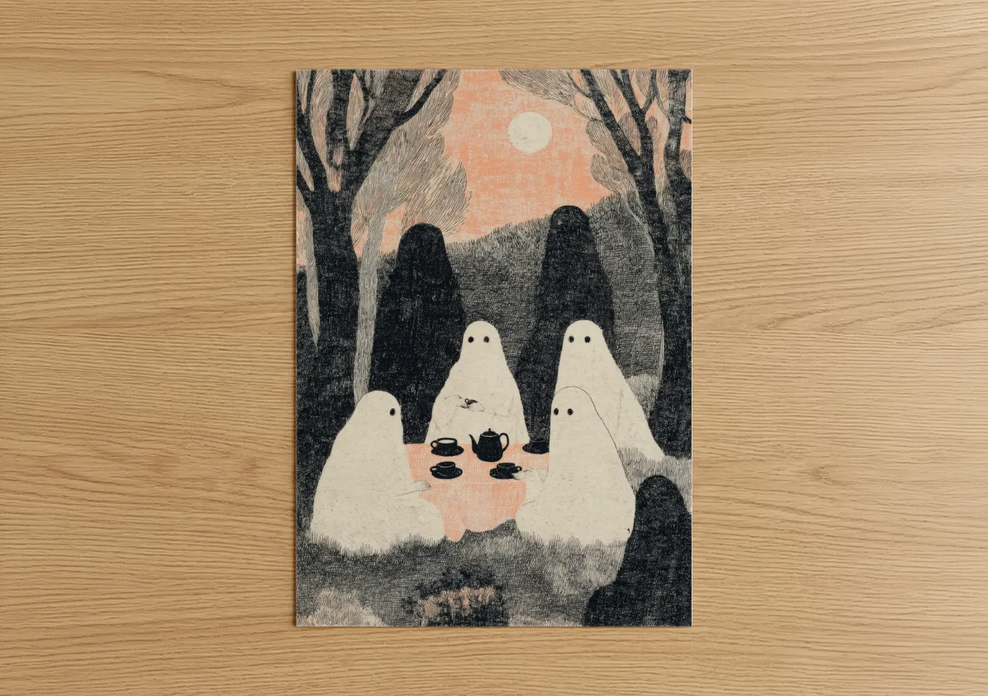 Halloween art print on warm oak wood — peach and black and white palette — Ghostly Tea Party poster