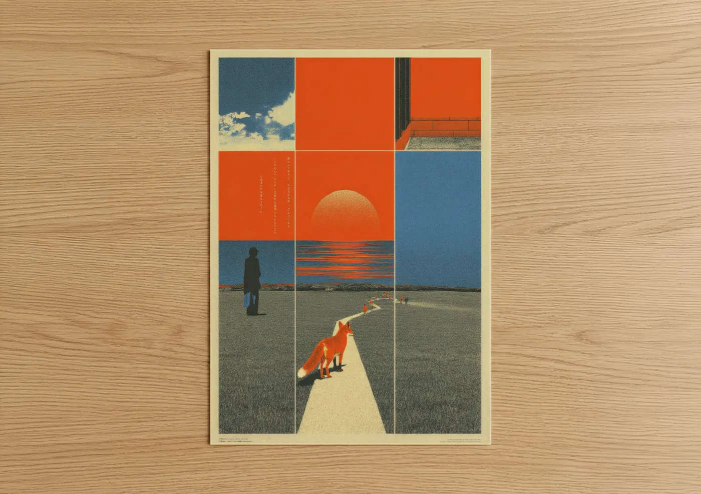 Japanese y2k art print on warm oak wood — orange and blue palette — Crimson Fox Passage poster