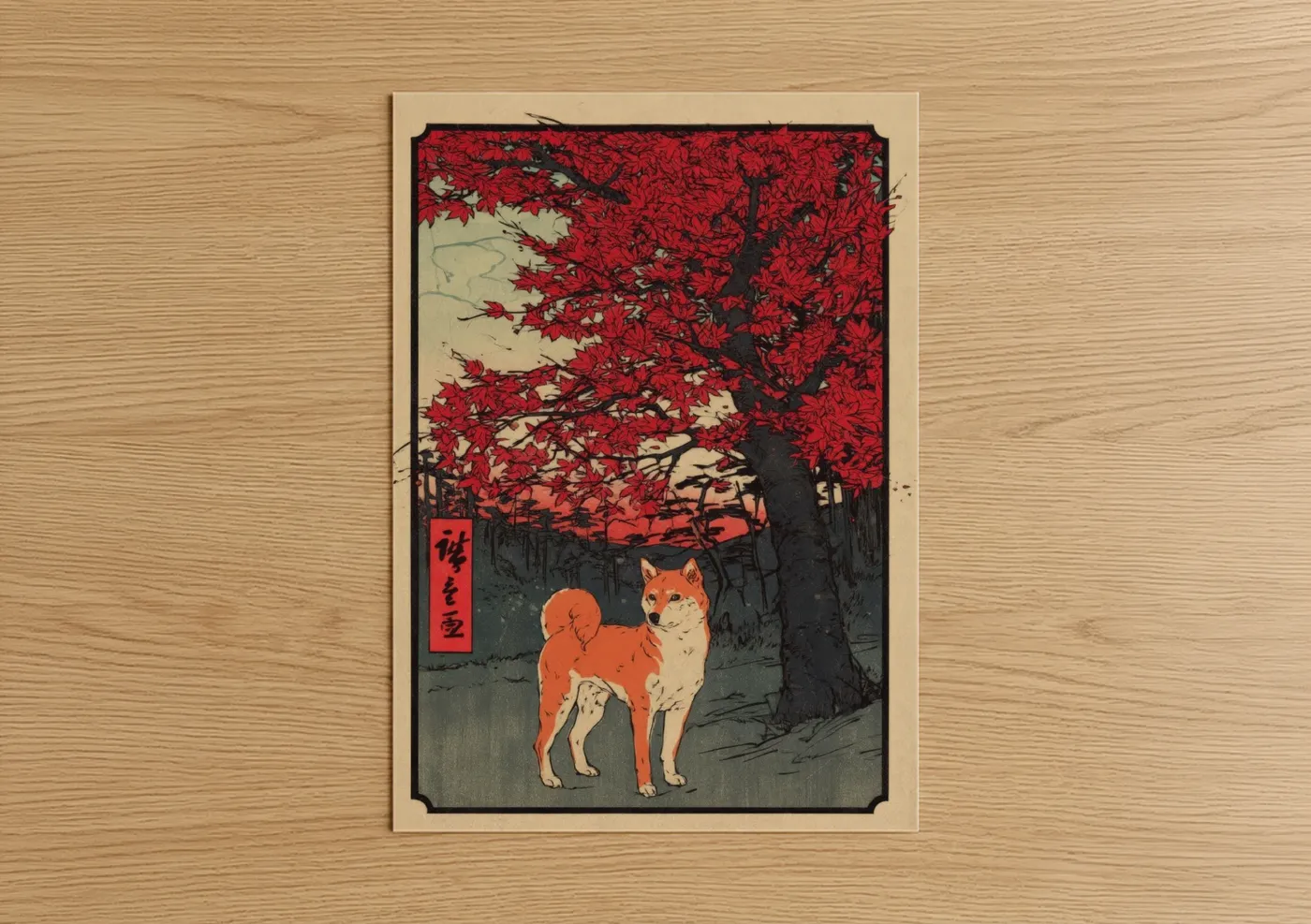 Art print on warm oak wood — red and cream palette — Autumn Spitz poster