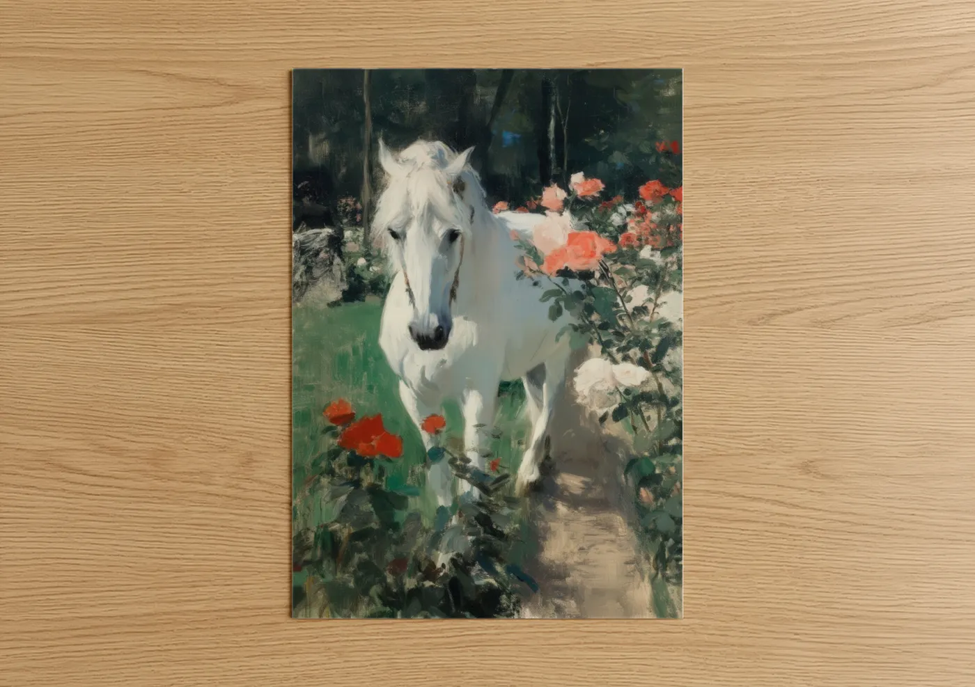 White Andalusian Horse Rose Garden Wall Art