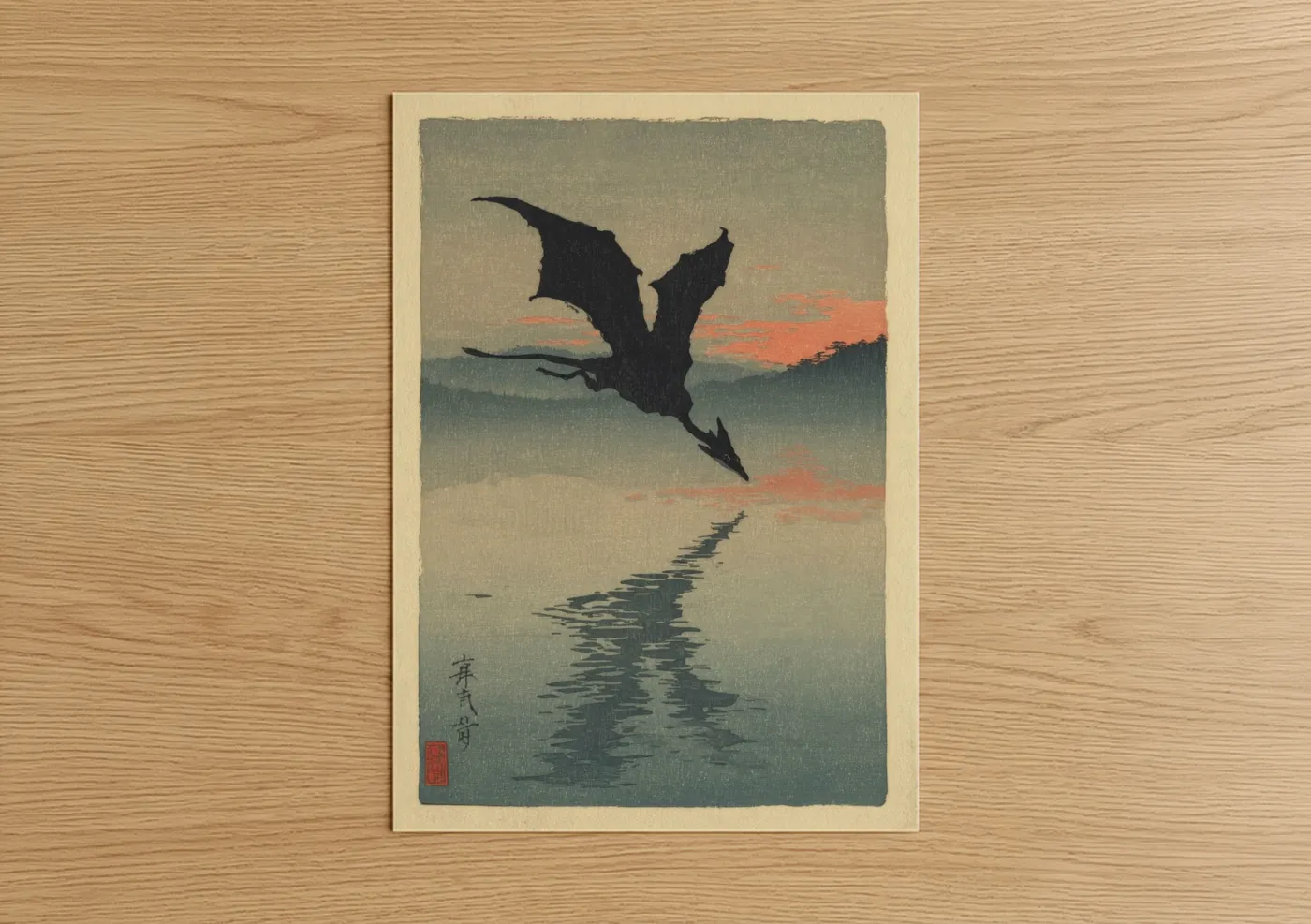 Dinosaur art print on warm oak wood — gray and salmon pink palette — Sunset Pterosaur poster