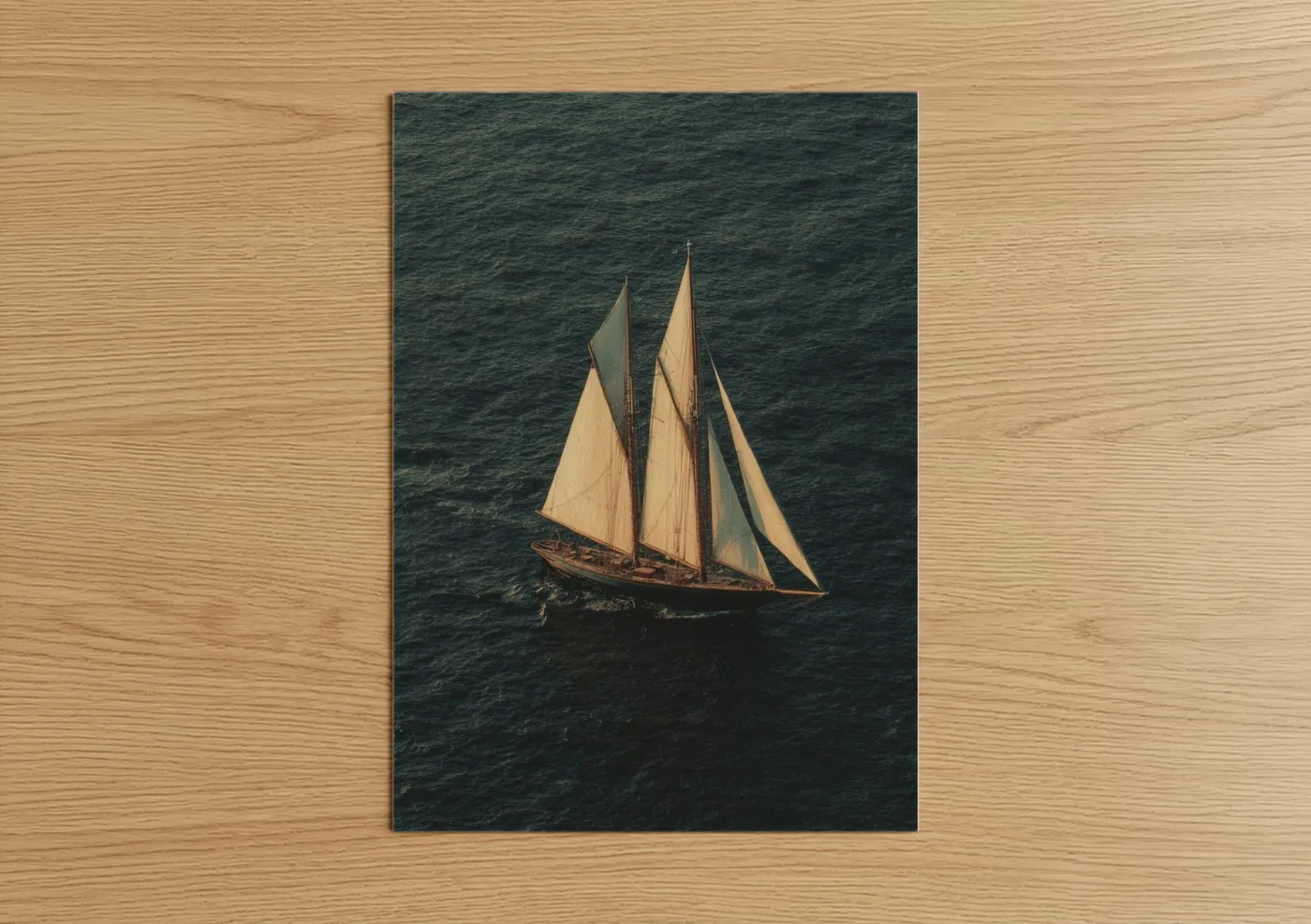 Art print on warm oak wood — cream and teal palette — Golden Sailing Ship poster