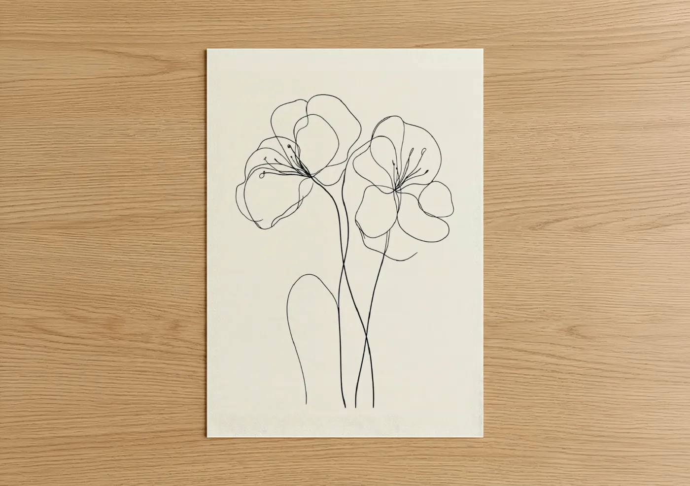 Abstract flower art print on warm oak wood — black and white and cream palette — Minimalist Line Flowers poster
