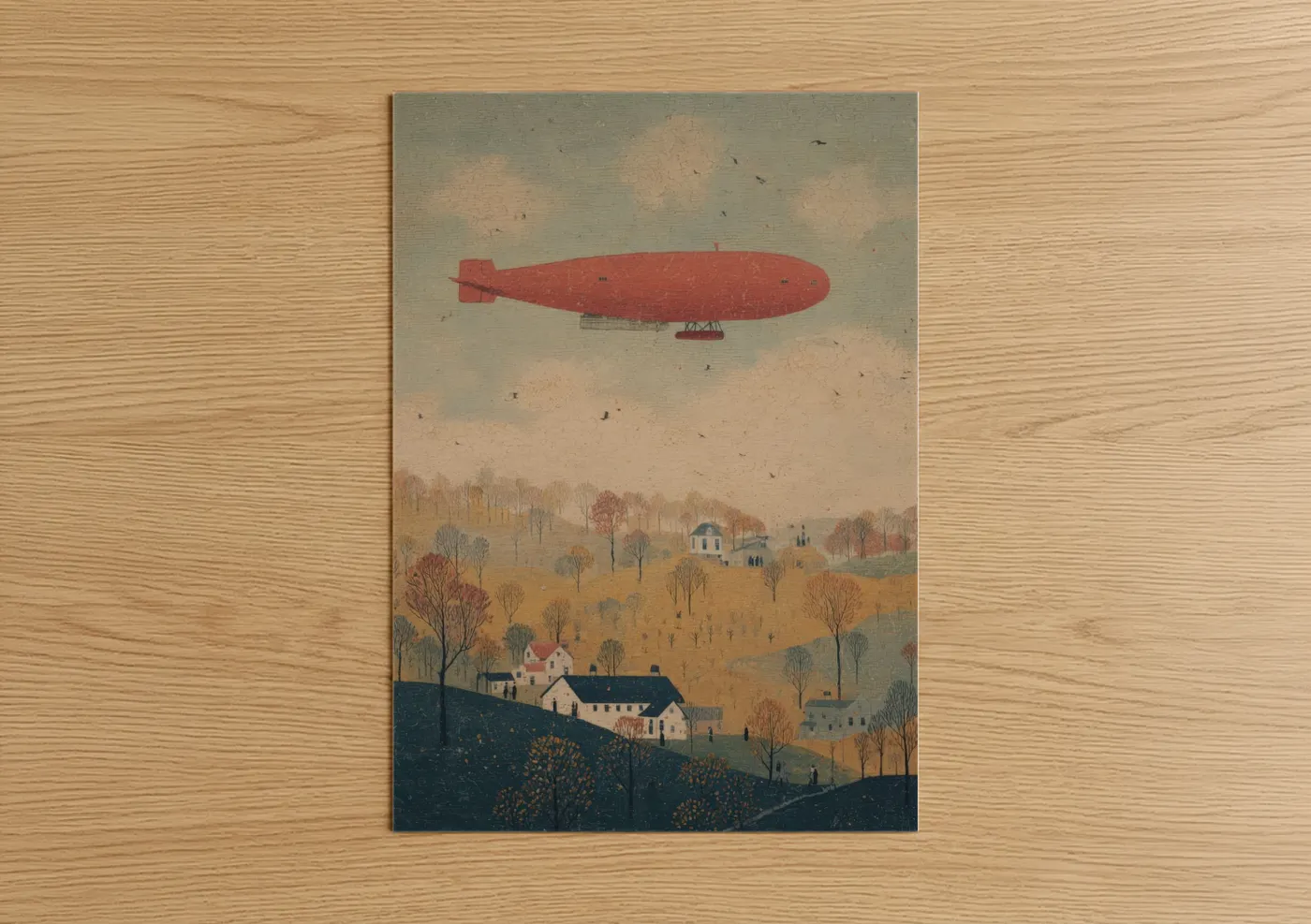 Art print on warm oak wood — red and sage green palette — Crimson Airship poster