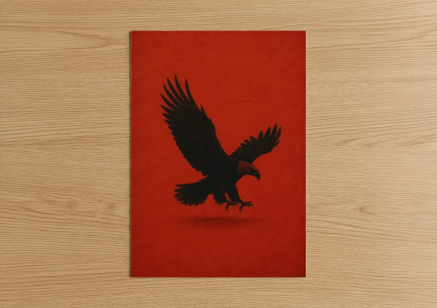 Art print on warm oak wood — red and black palette — Black Eagle on Red Wall Art poster
