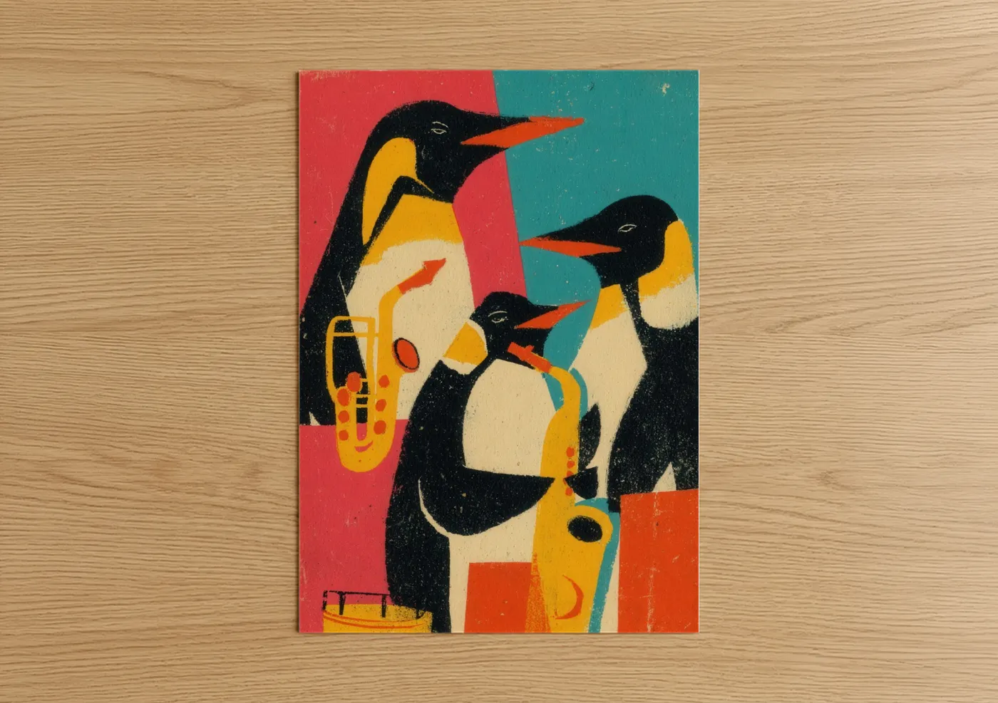 Art print on warm oak wood — red and gold palette — Jazzy Penguin Trio poster