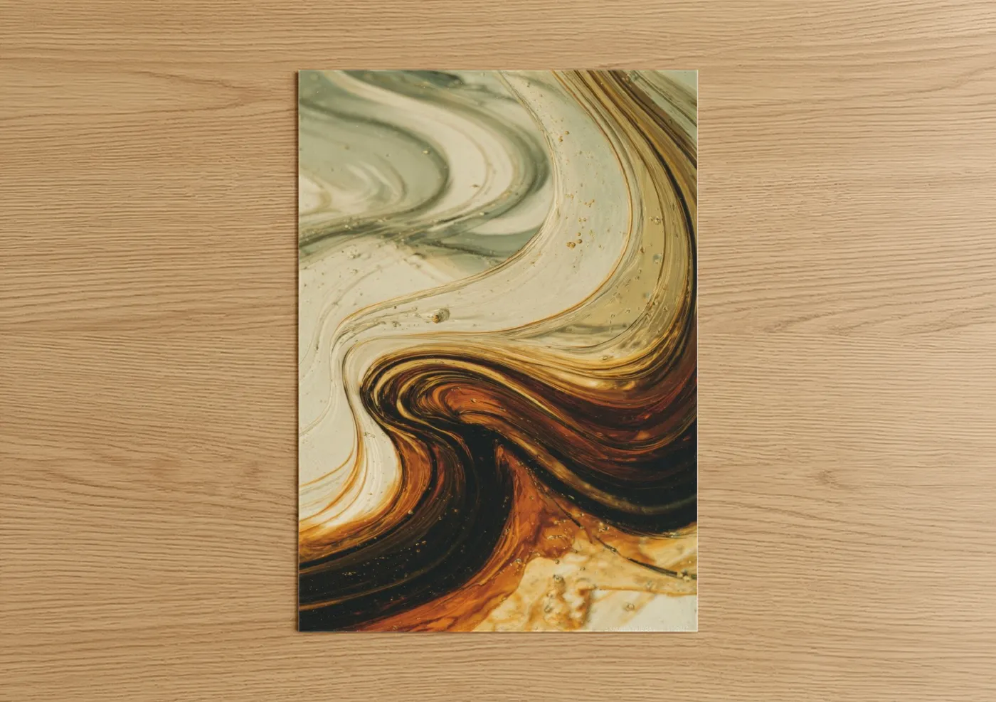 Art print on warm oak wood — gold and brown palette — Amber Whiskey Swirl poster