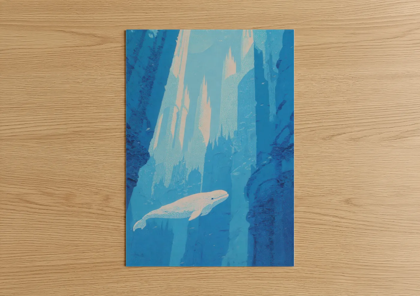 Beluga whale art print on warm oak wood — blue and white palette — Ethereal Beluga poster