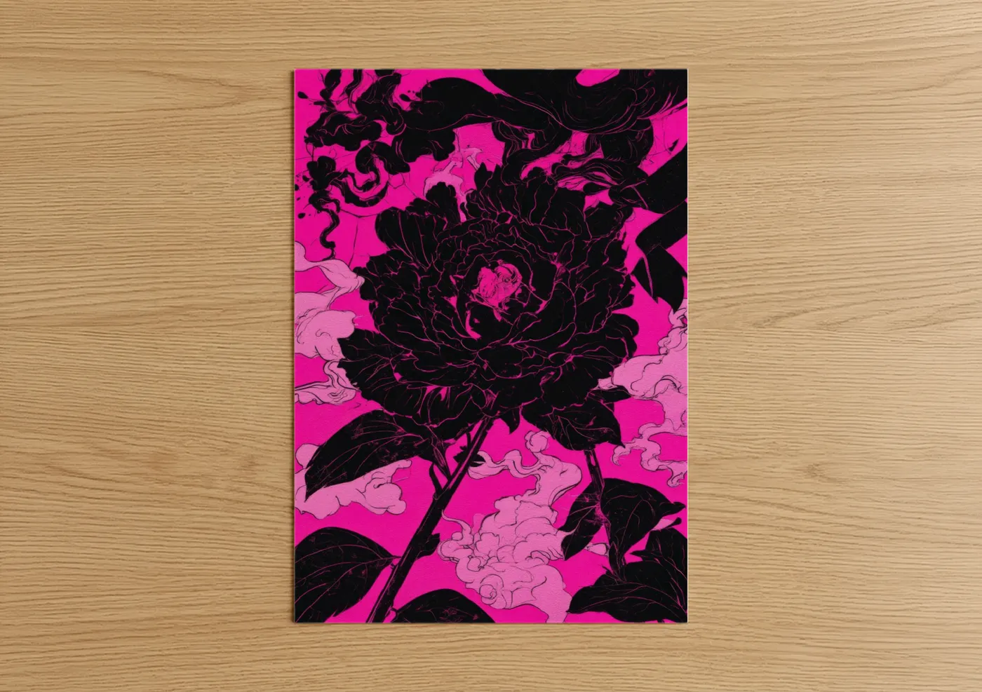 Abstract flower art print on warm oak wood — magenta and black and pink palette — Neon Peony poster