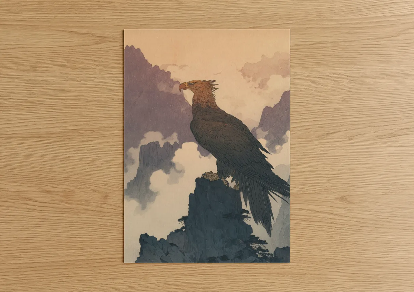 Art print on warm oak wood — cream and dove gray palette — Mountain Griffin poster