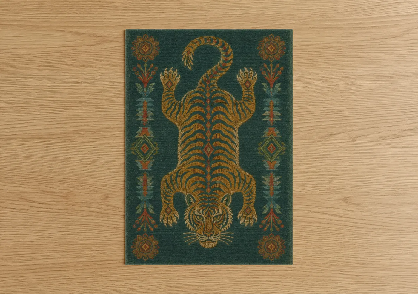 Art print on warm oak wood — teal and gold palette — Art Deco Tiger Tapestry Wall Art poster