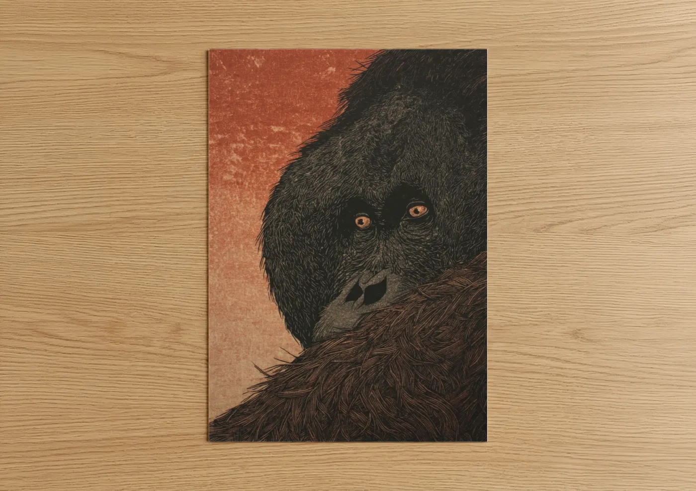 Art print on warm oak wood — russet and black palette — Contemplative Orangutan poster