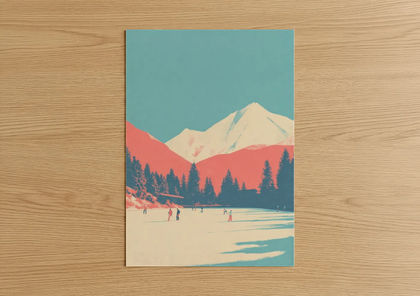 Mountain Lake Ice Skating Winter Scene Wall Art