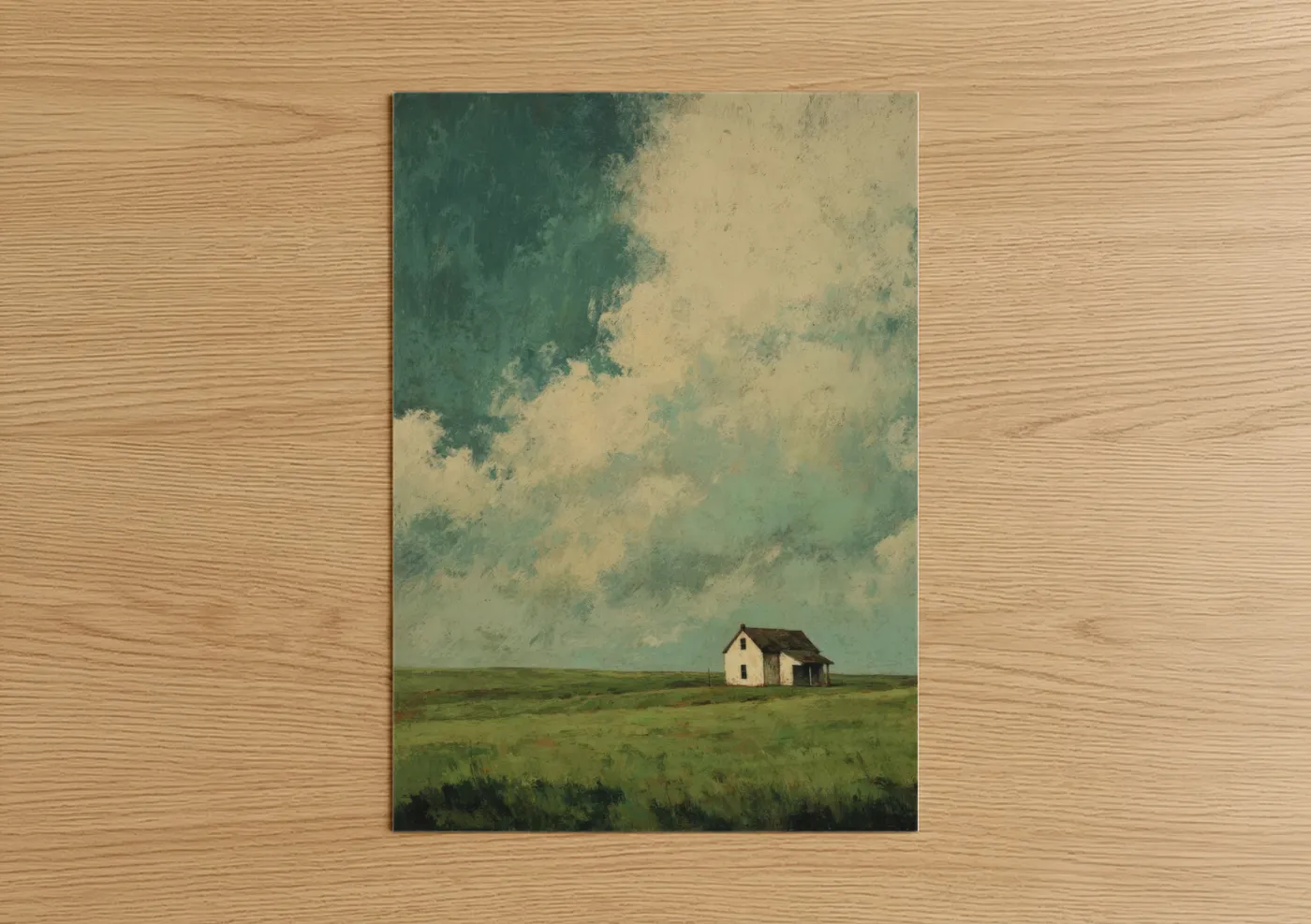 Solitary Farmhouse Green Field Landscape Wall Art