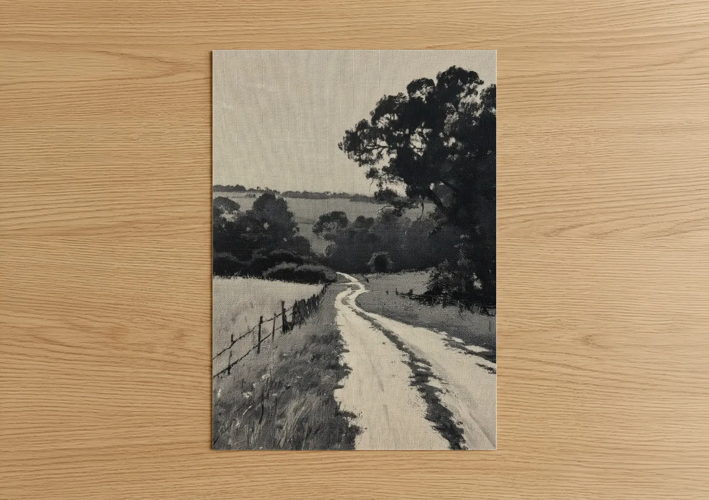 Various landscapes art print on warm oak wood — black and white and gray palette — Winding Country Road poster