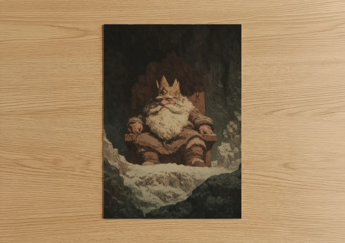 Dwarves art print on warm oak wood — brown and gray and white palette — Throne Dwarf poster