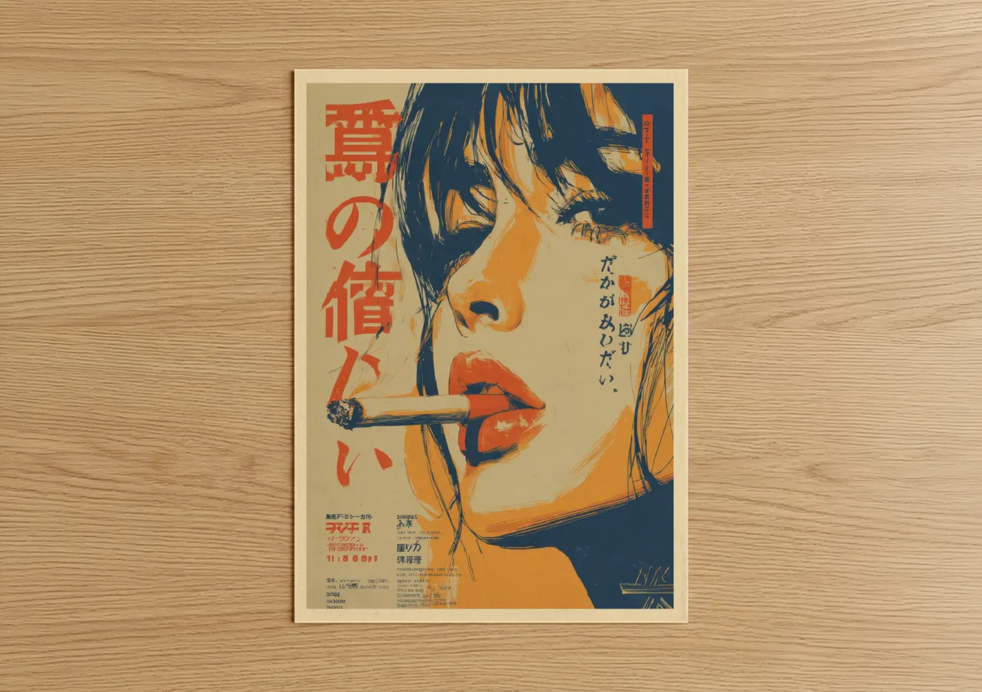 Vintage japanese ads art print on warm oak wood — cream and red palette — Retro Japanese Cigarette poster