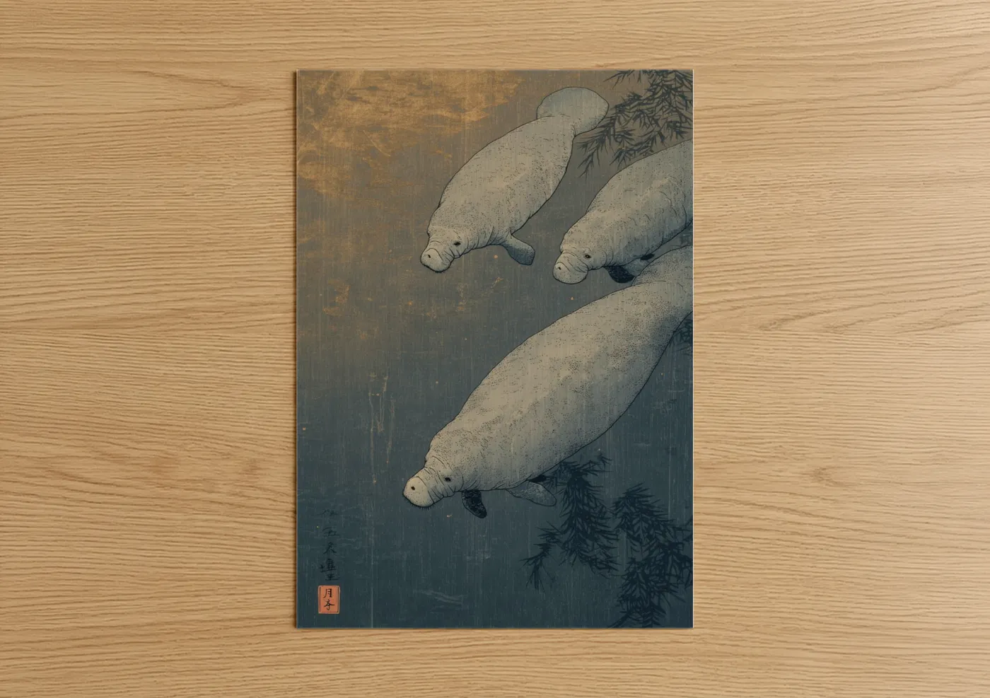 Art print on warm oak wood — gray and gold palette — Graceful Manatees poster