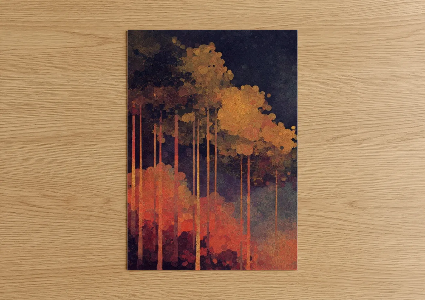 Art print on warm oak wood — gold and orange palette — Autumn Cedar Forest poster