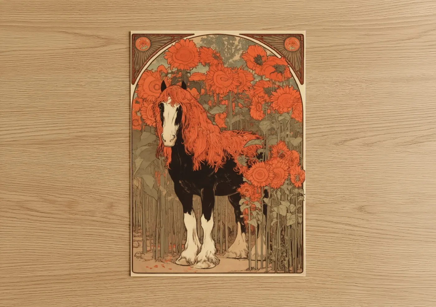 Clydesdale horse art print on warm oak wood — pumpkin and dove gray palette — Sunflower Clydesdale poster