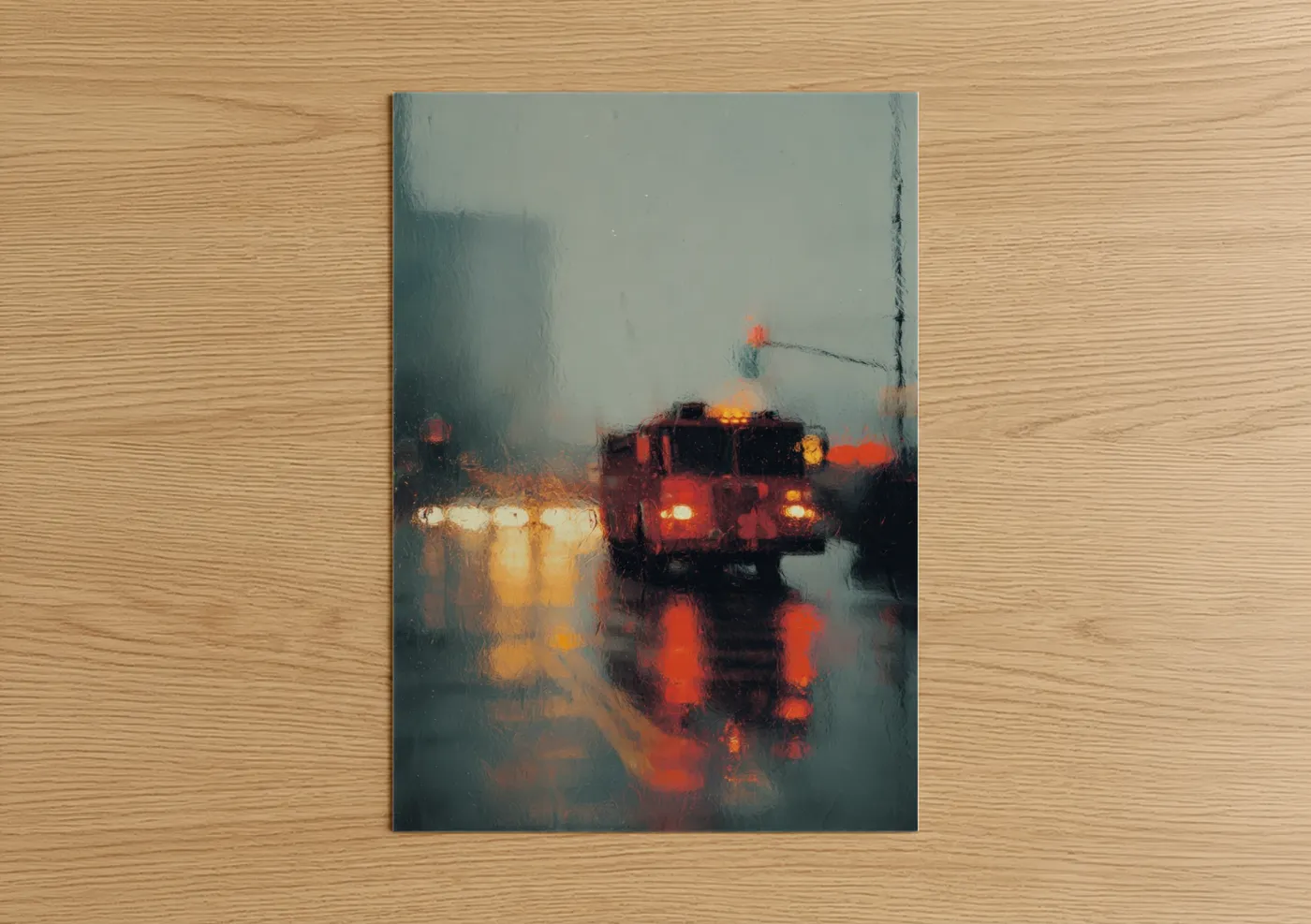 Fire Engine in Rain Urban Street Wall Art