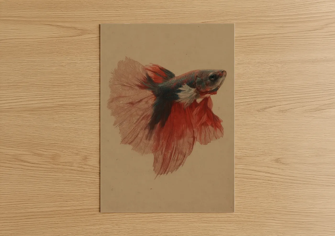 Fighting fish art print on warm oak wood — red and beige palette — Crimson Betta poster