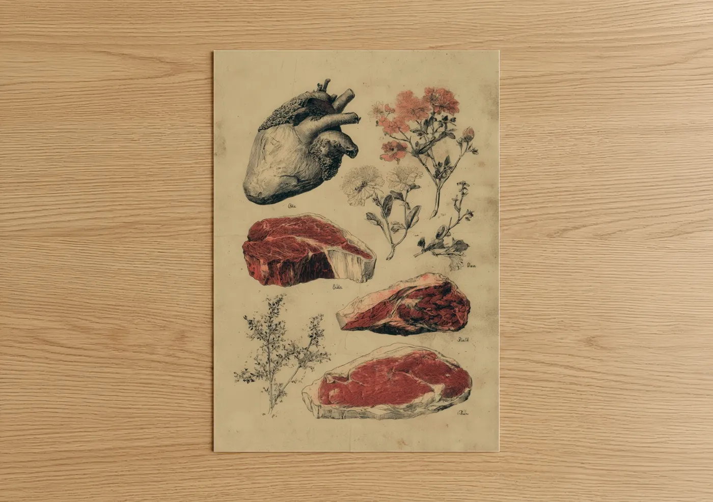 Art print on warm oak wood — beige and russet palette — Anatomical Meat Study poster