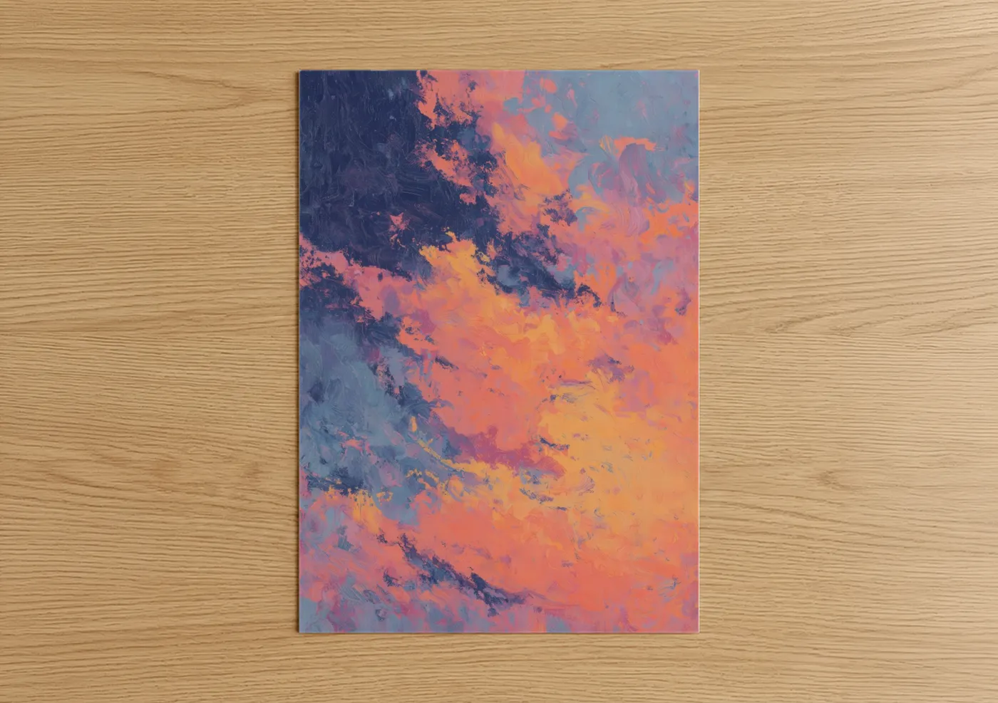 Art print on warm oak wood — orange and blue palette — Cosmic Nebula poster