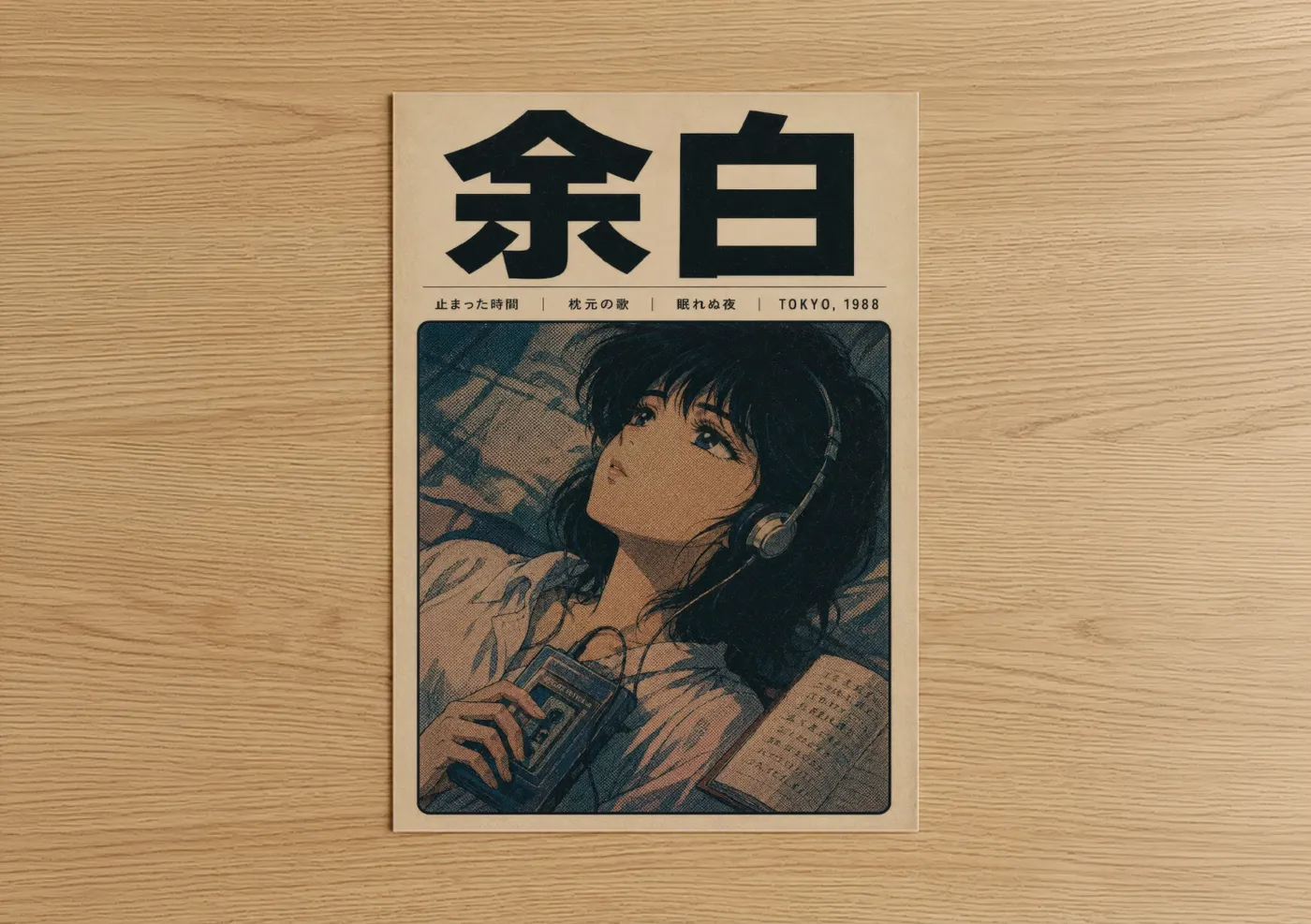 Musician art print on warm oak wood — beige and dark blue palette — Retro Tokyo Music Listener Wall Art poster