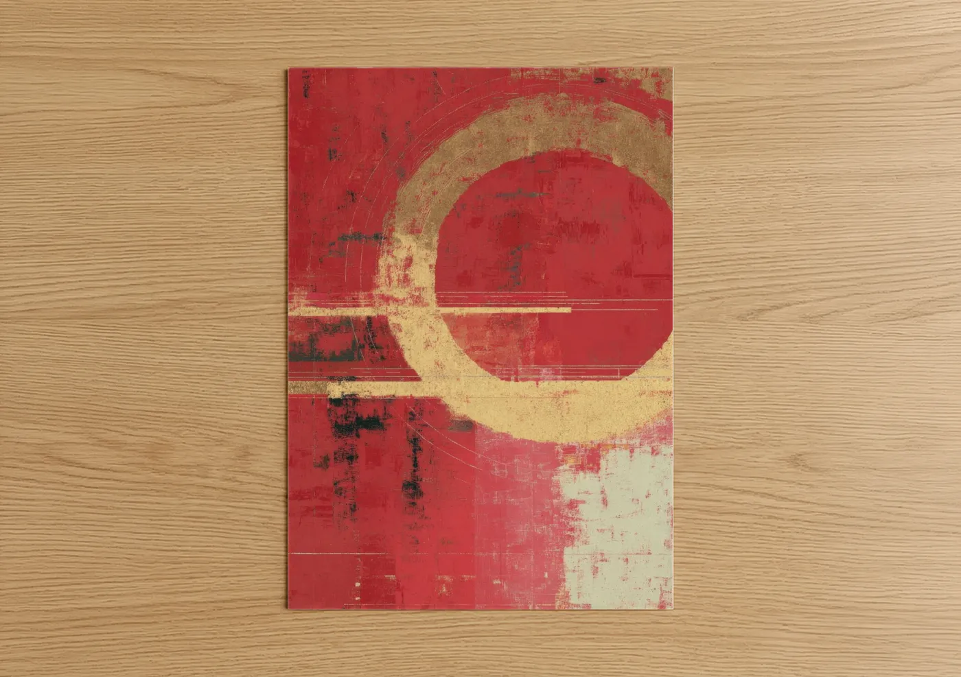 Buddhism art print on warm oak wood — red and gold and white palette — Crimson Circle Zen poster