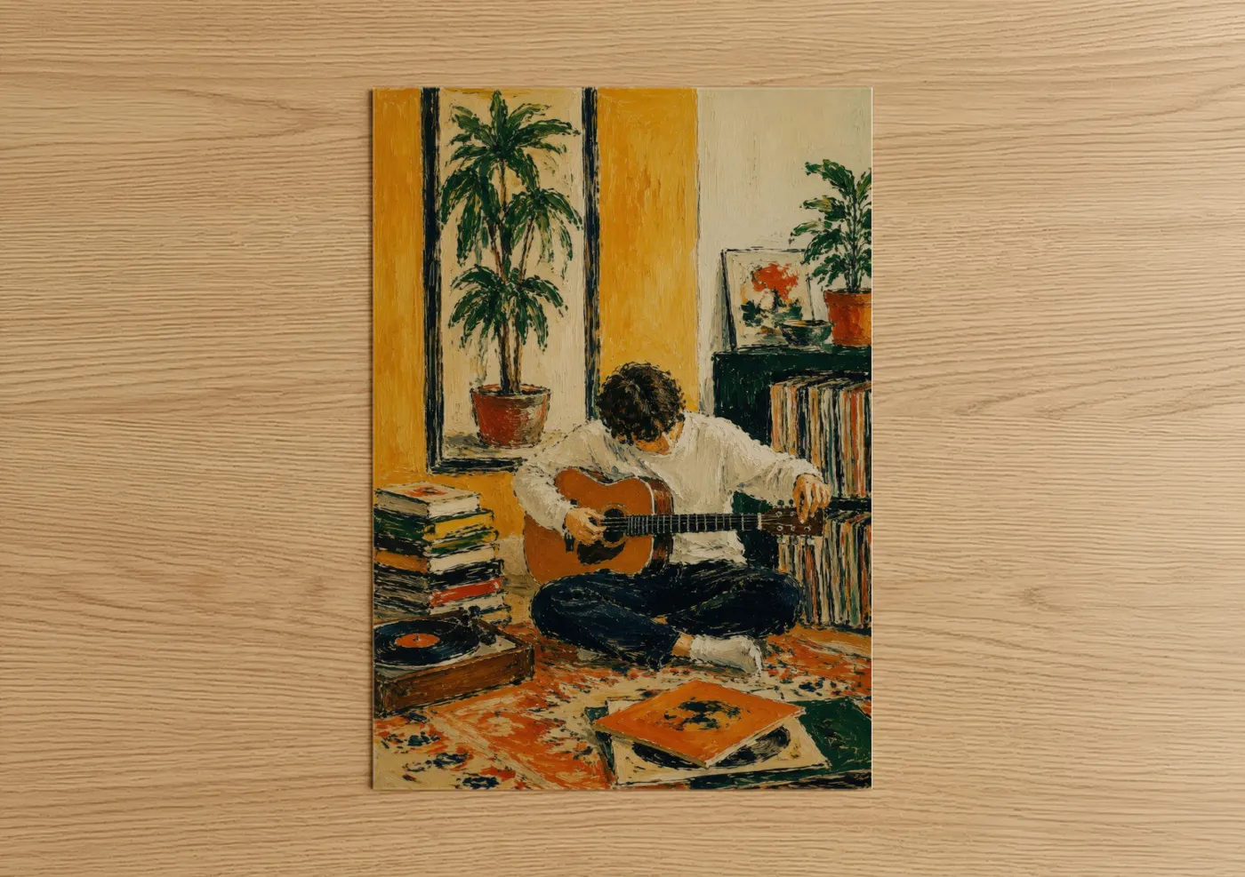 Art print on warm oak wood — yellow and orange palette — Acoustic Guitar Player Retro Wall Art poster