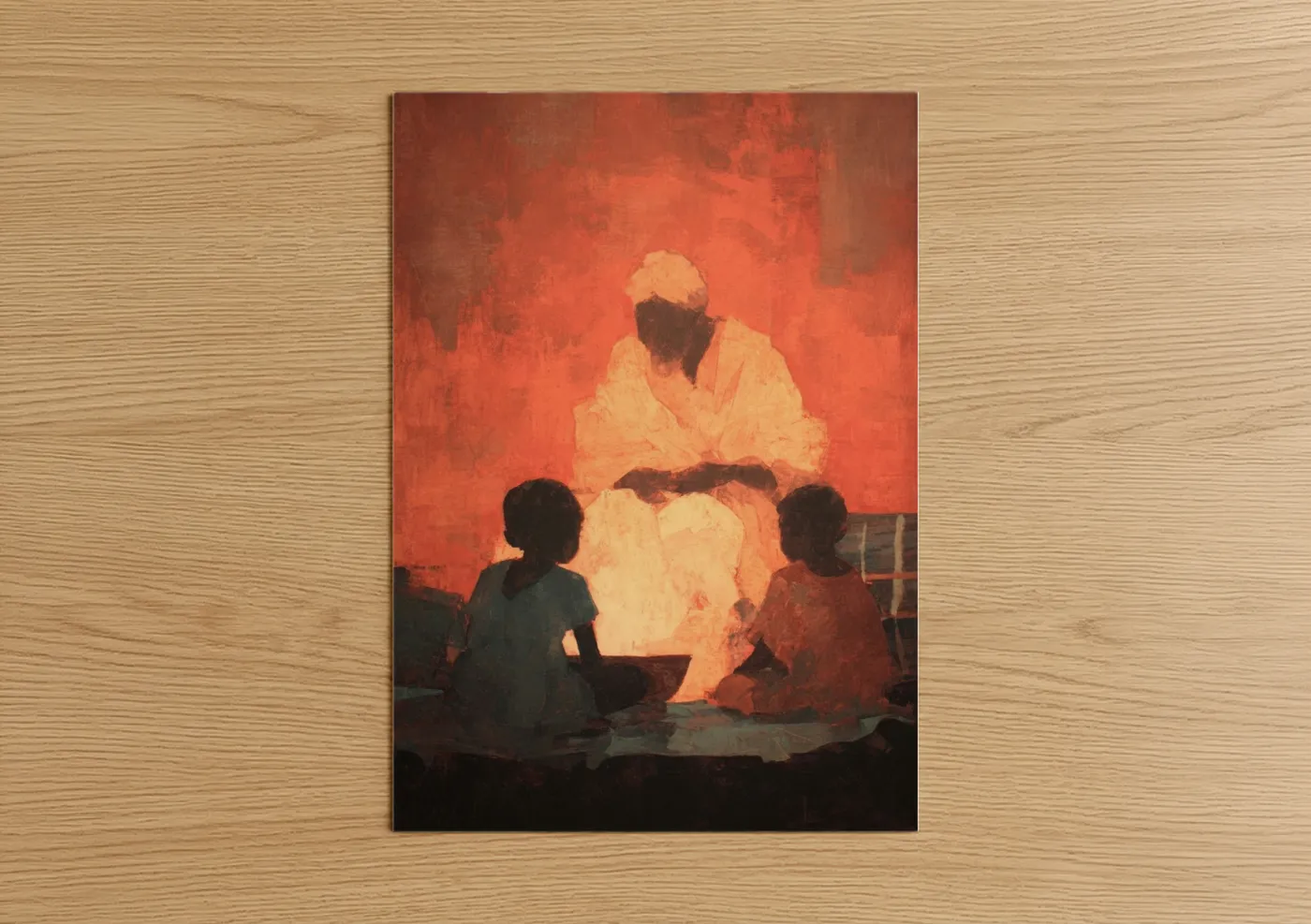 Kwanzaa art print on warm oak wood — red and gold palette — Gathering Wisdom poster