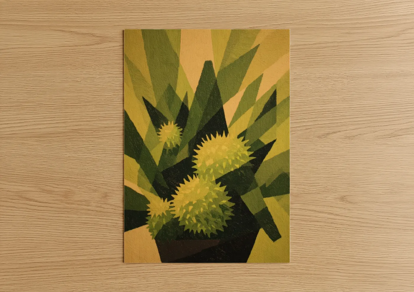 Art print on warm oak wood — yellow gold and olive palette — Golden Cactus poster