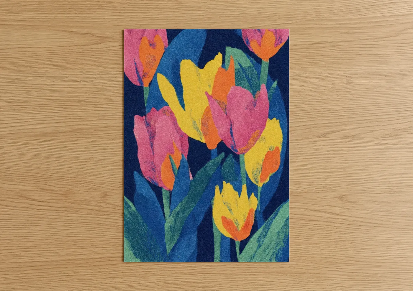 Art print on warm oak wood — magenta and yellow palette — Vibrant Tulip Garden poster