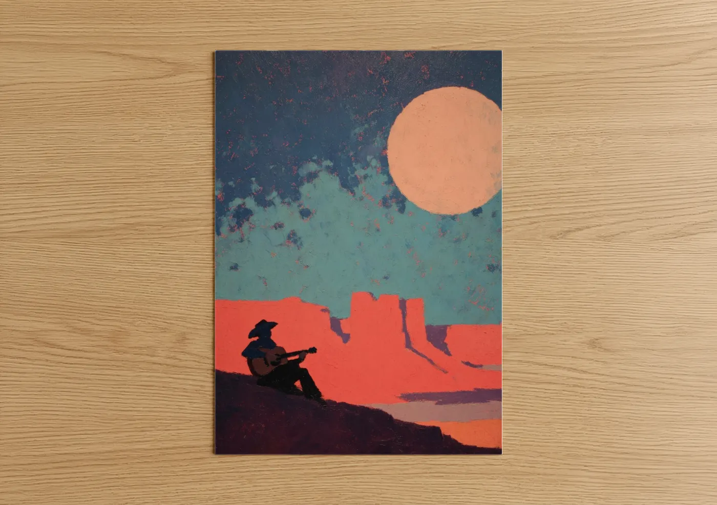Country art print on warm oak wood — teal and peach palette — Desert Guitarist poster