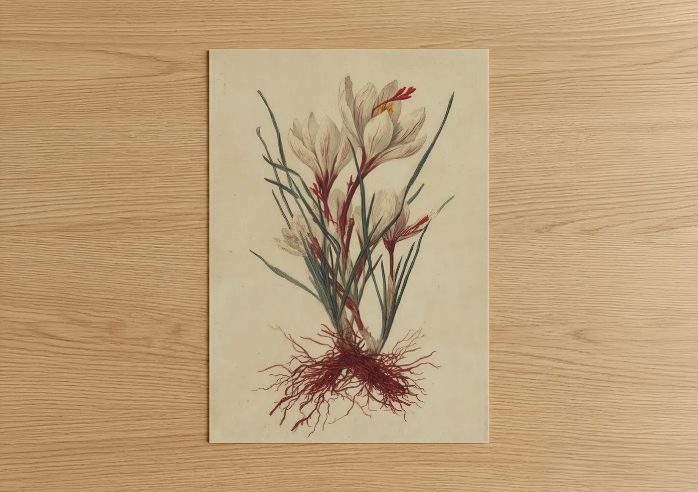 Herbs and spices art print on warm oak wood — cream and maroon palette — Crimson Herb Roots poster
