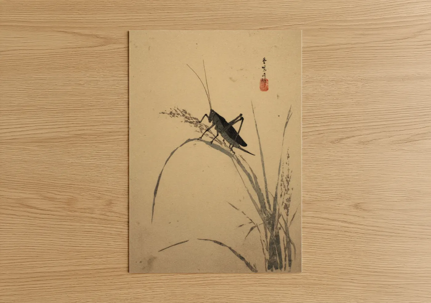 Art print on warm oak wood — beige and black palette — Graceful Grasshopper poster
