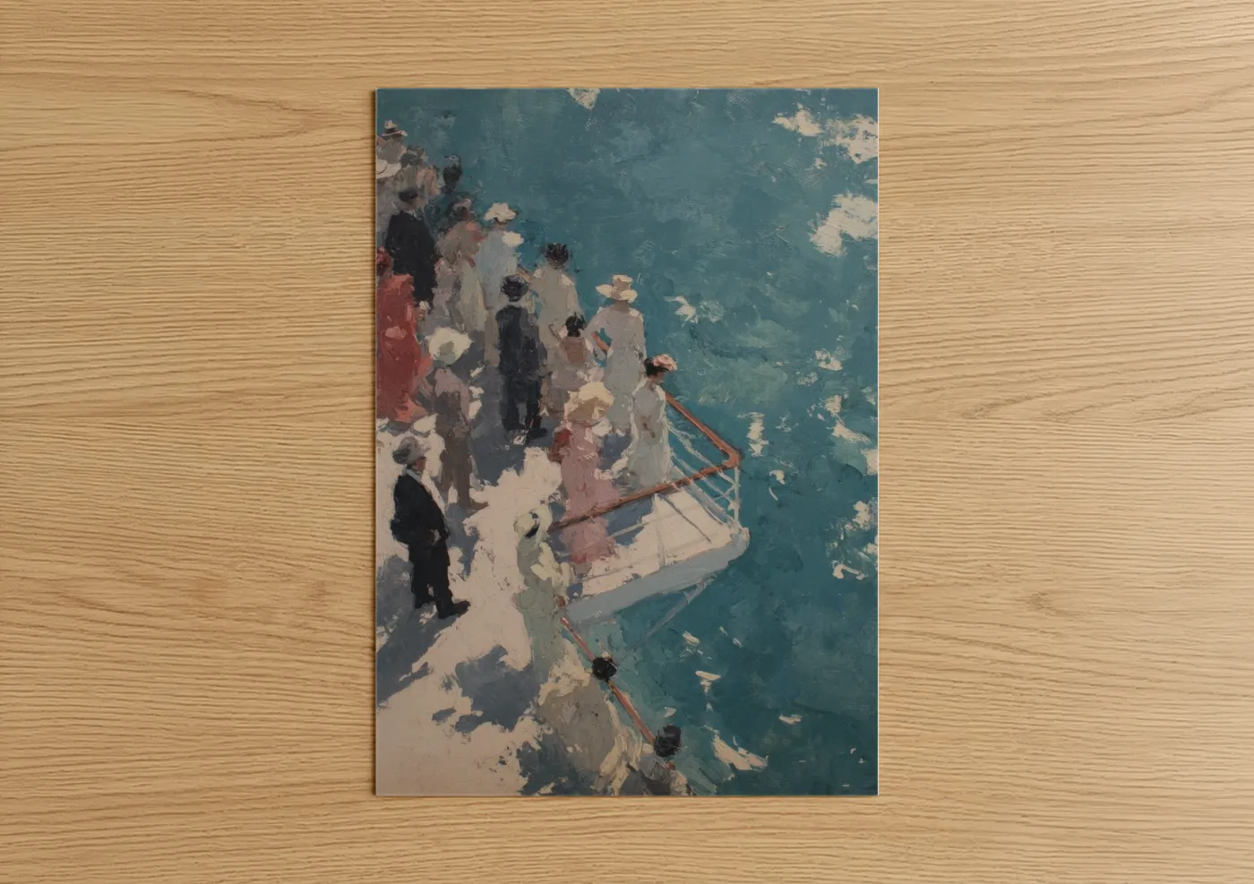 Cruise ship art print on warm oak wood — blue and white and peach palette — Seaside Vessel Gathering poster