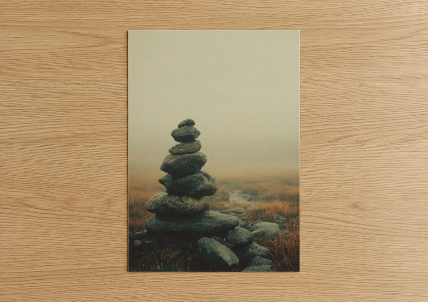 Natural stones art print on warm oak wood — dove gray and beige palette — Misty Stone Cairn poster