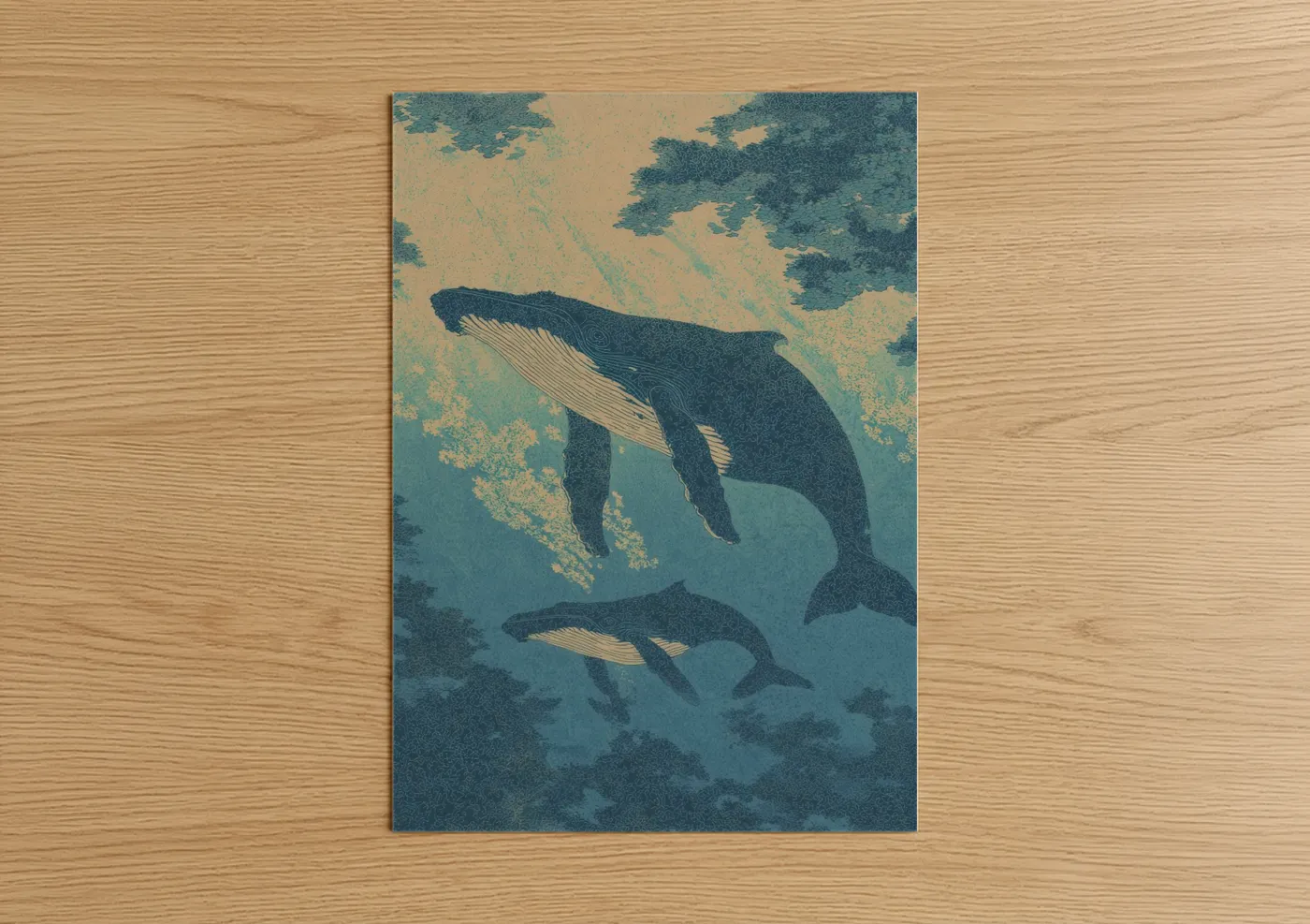 Art print on warm oak wood — teal and champagne gold palette — Humpback Whale Pair poster