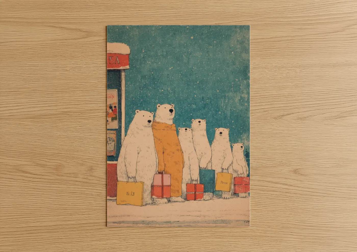 Christmas art print on warm oak wood — teal and cream palette — Snowy Carolers poster