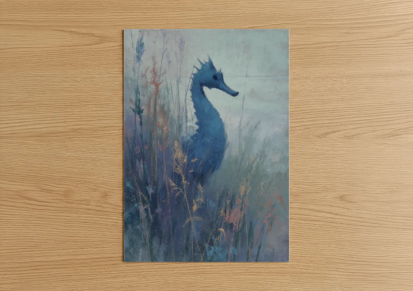 Sea horse art print on warm oak wood — blue and gray palette — Misty Seahorse poster