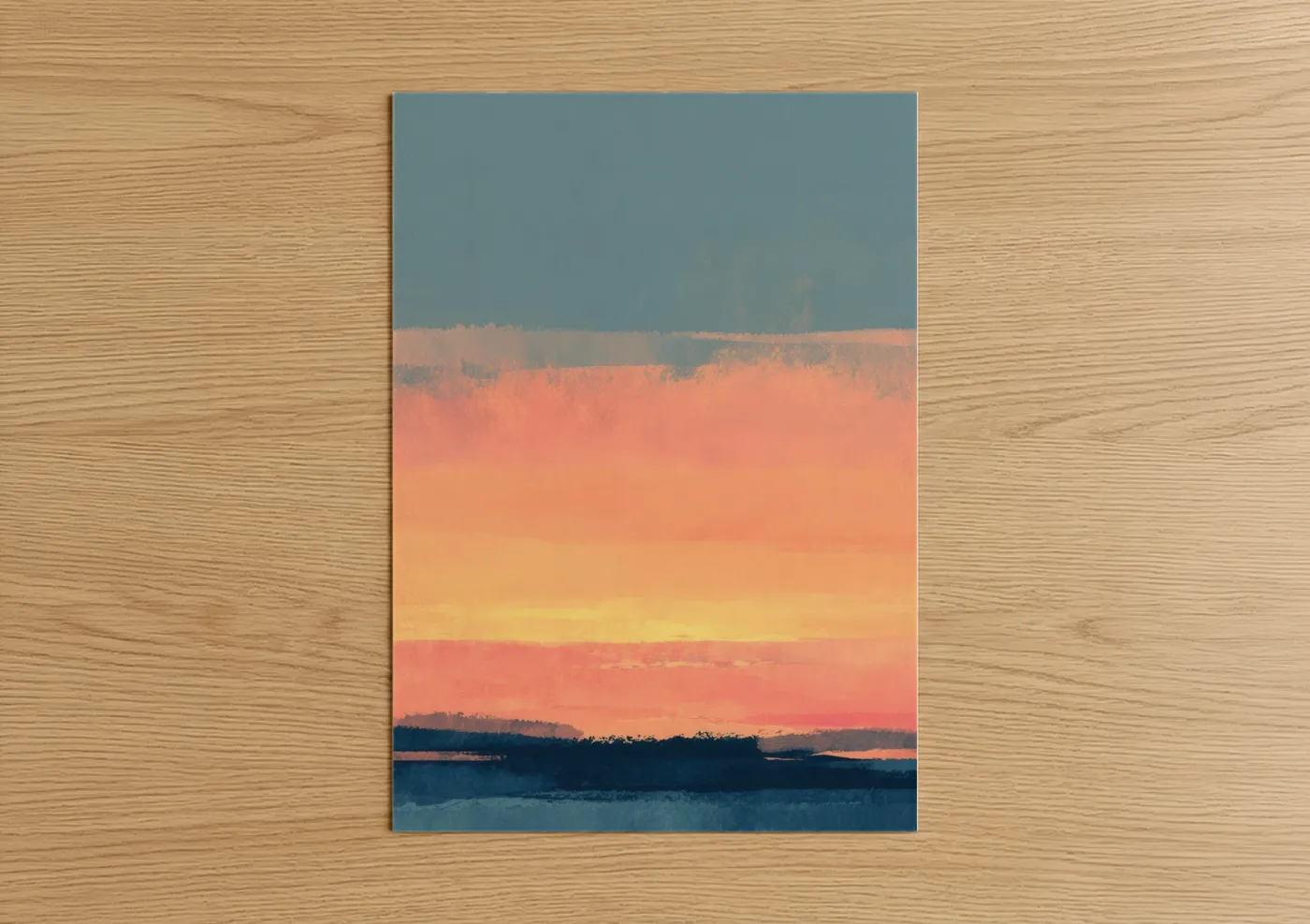Morning sky art print on warm oak wood — peach and bermuda gray palette — Serene Dawn Landscape poster
