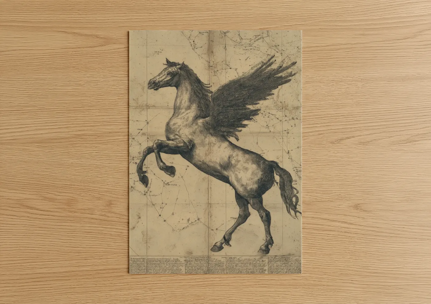 Art print on warm oak wood — cream and black and white palette — Celestial Pegasus poster