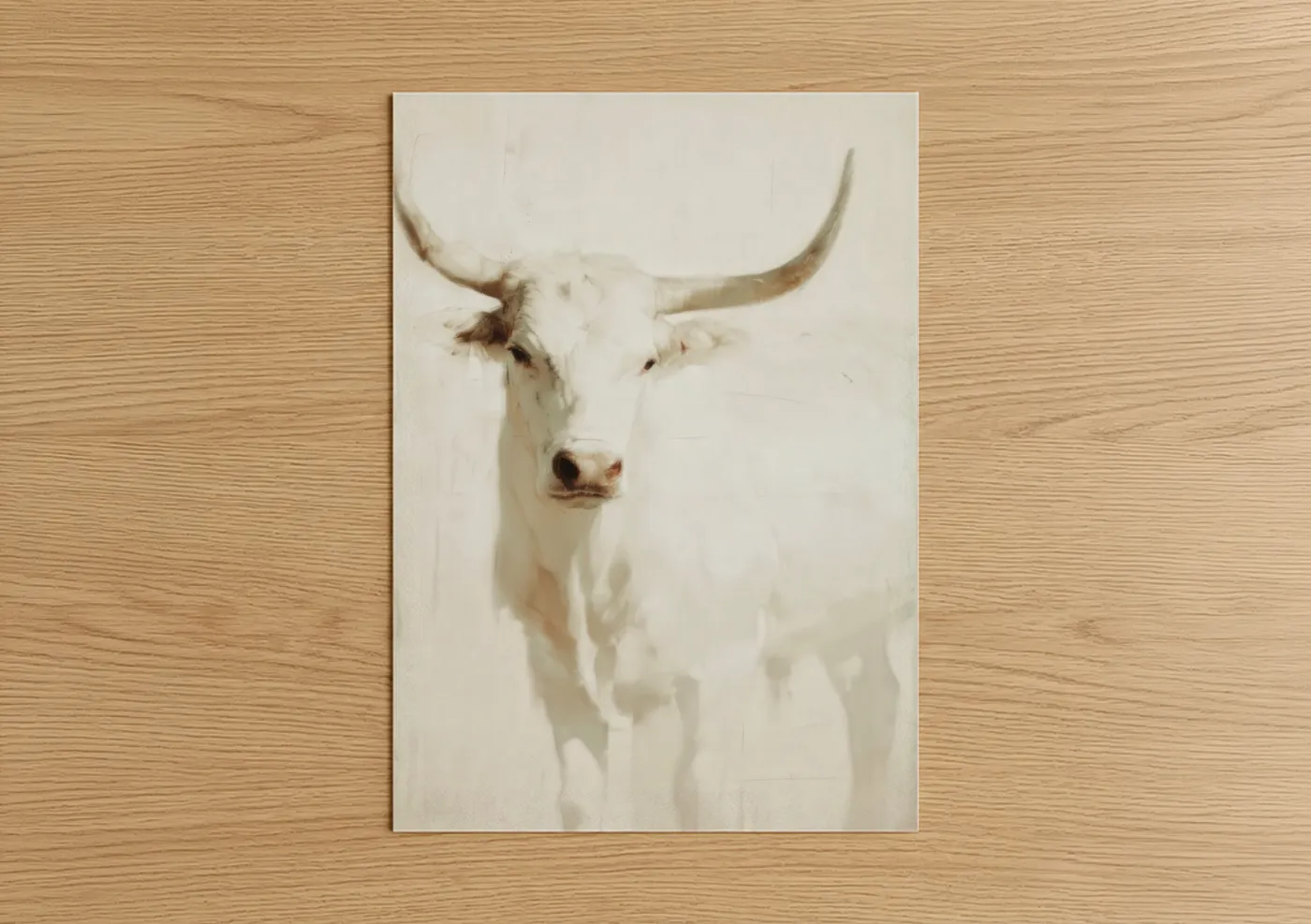 Cream Horned Bull Portrait Minimalist Wall Art