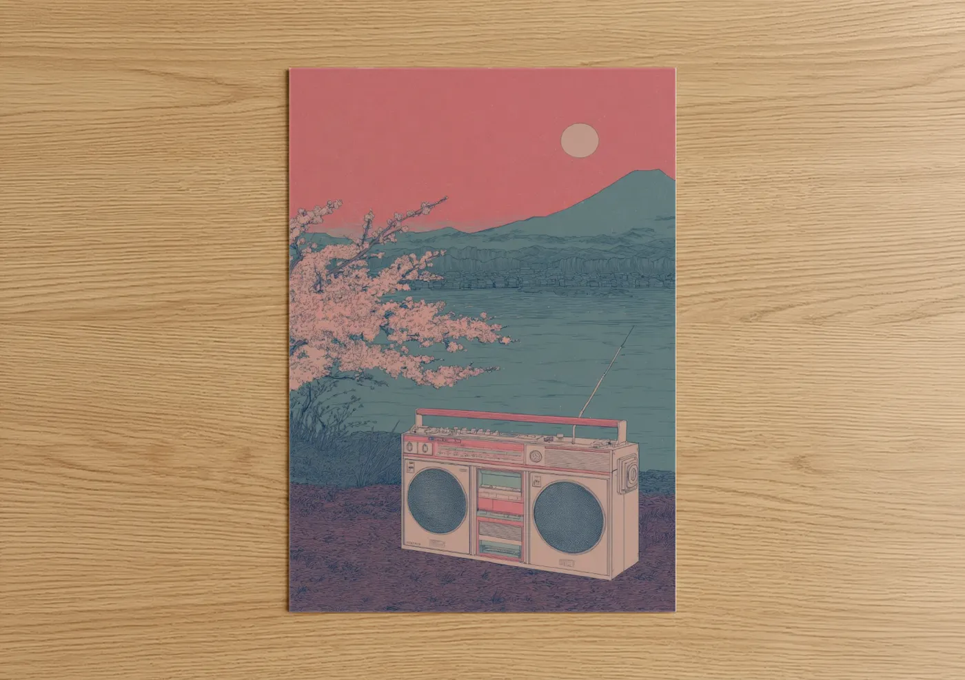 Art print on warm oak wood — salmon pink and bermuda gray palette — Retro Boombox Sunset poster