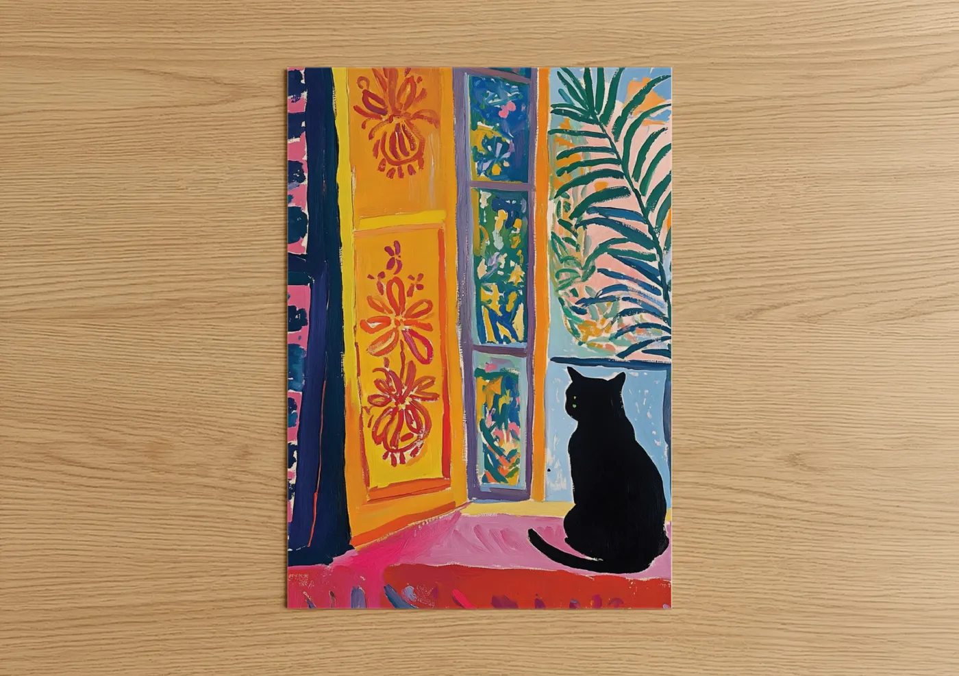 Black Cat By Colorful Window Art Wall Art